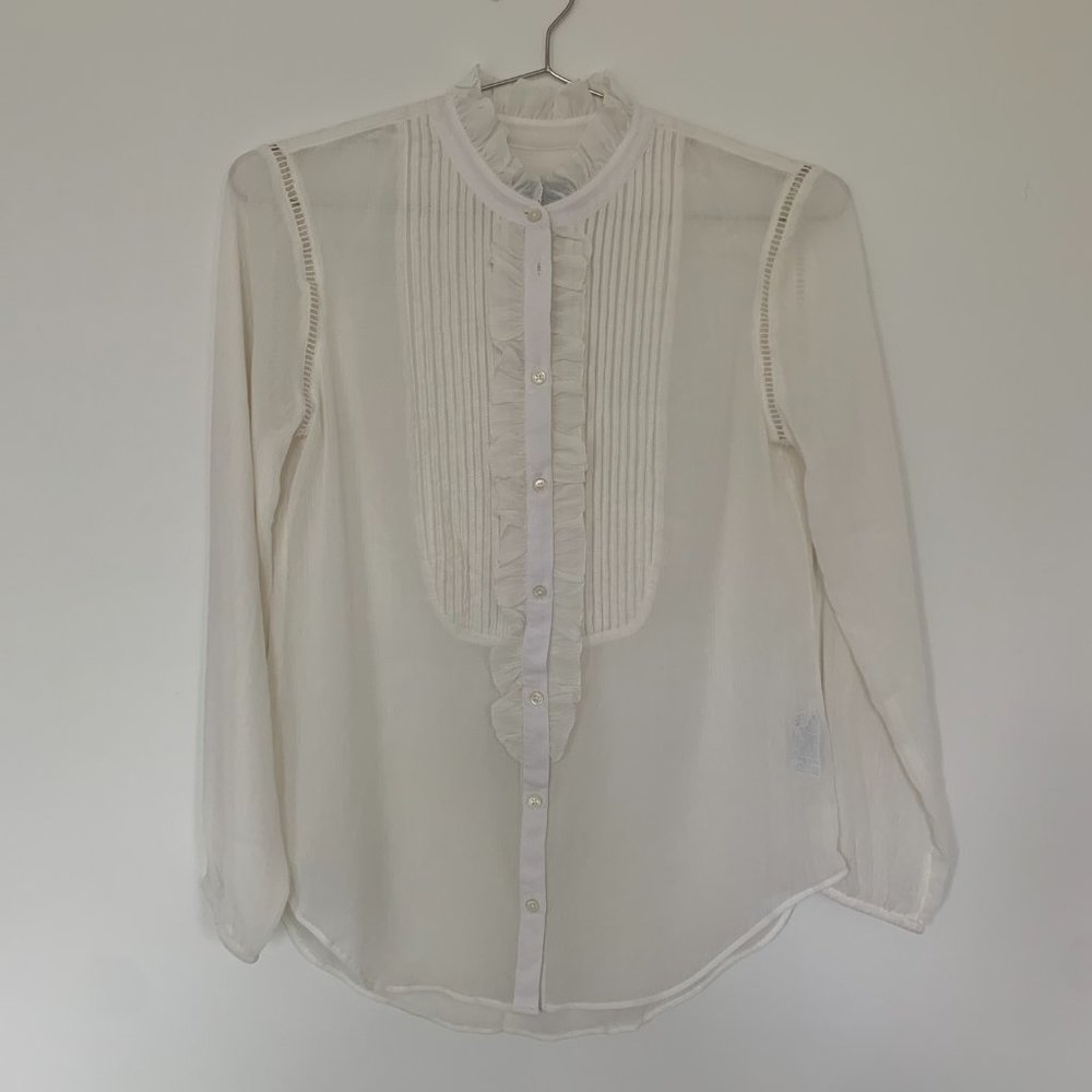 NWT J. Crew Sheer Button-Front Ruffle Blouse, XS